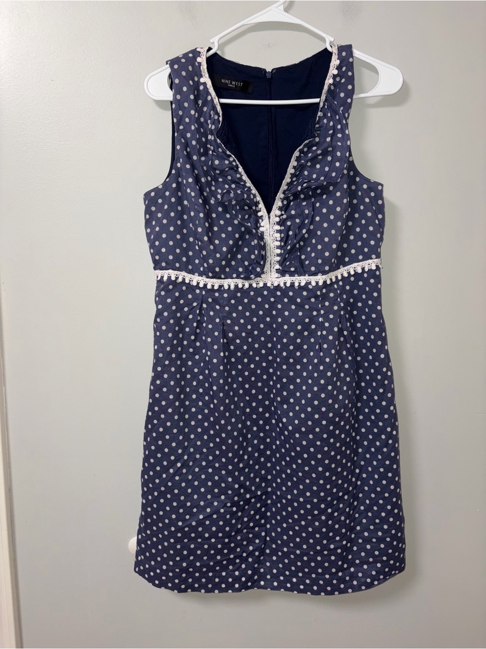 Nine West Navy & White Polka Dot Sheath Dress Sleeveless V Neck Career Office 14